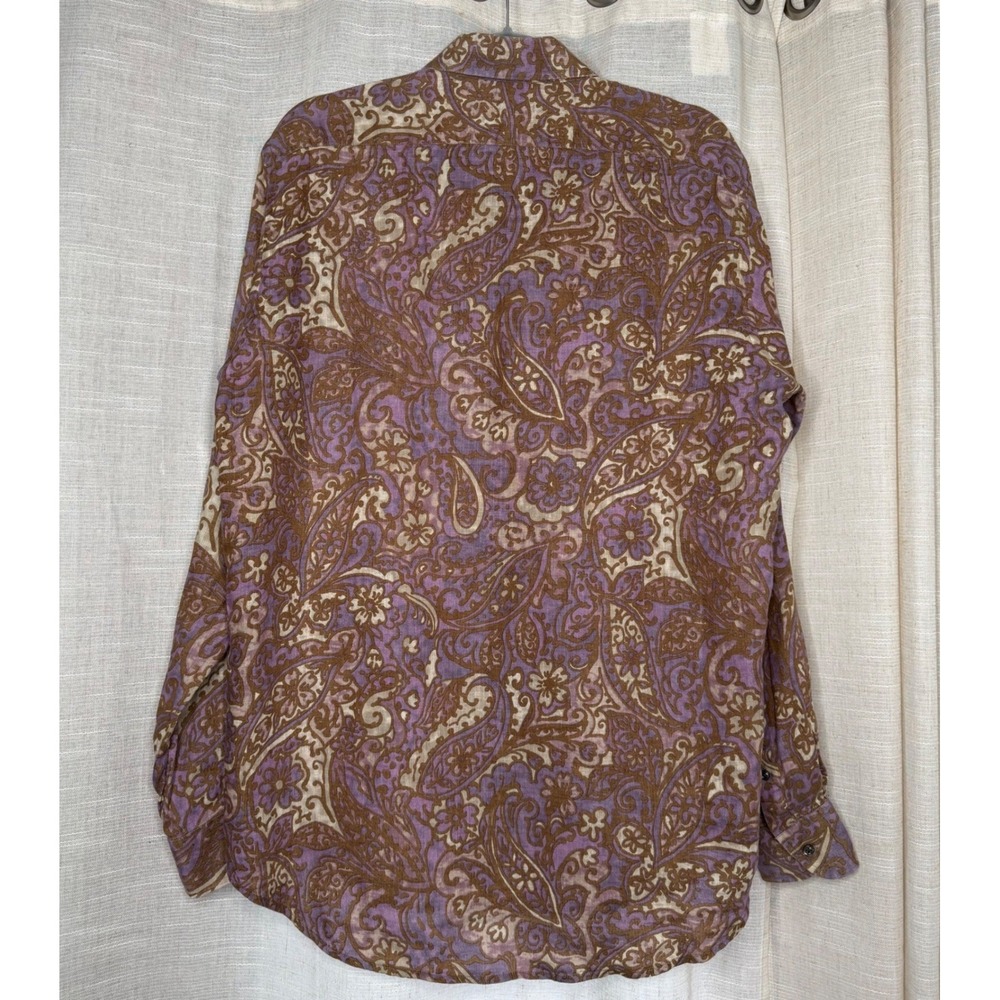 Luciano Barbera 100% Linen Button Down Shirt Purple Brown Paisley Italy LARGE - Picture 2 of 10